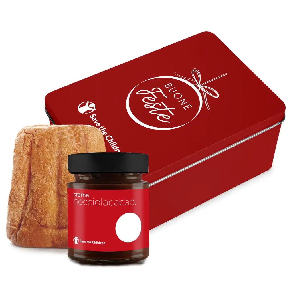 [CRT.20P.LAT.LAR.ROS.STC] Cartone 20 pezzi Lattina Large con Crema Nocciola Cacao 130 g e Pandorino 80 g - SAVE THE CHILDREN
